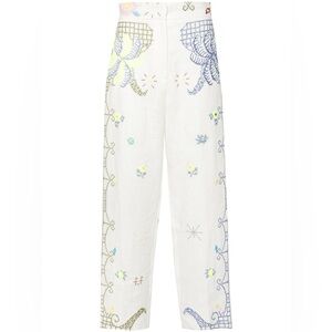 White Embroidered Wide-Leg Linen Pants